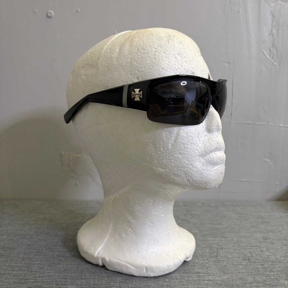 Choppers Sunglasses Mens OS Black Gloss Wrap Biker UV400 Cross Logo 8CP6793